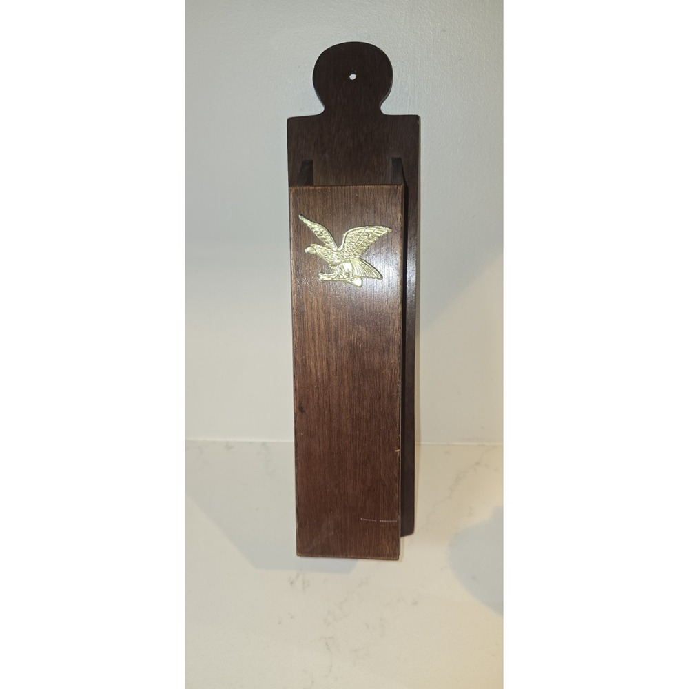 Vintage Wooden Wall Match Holder Brass Eagle Americana Rustic Kitchen Decor